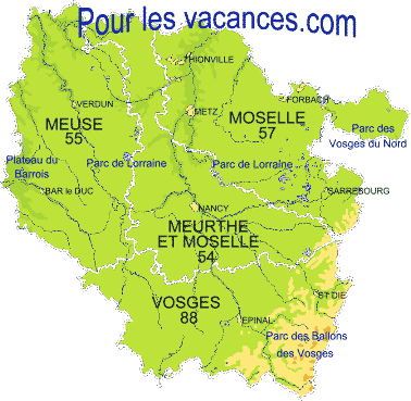 Vacances en Lorraine. Villages de vacances, gites, chambres d'hôtes, hébergements et locations de maisons en Meurthe et Moselle, Meuse, Moselle et Vosges.